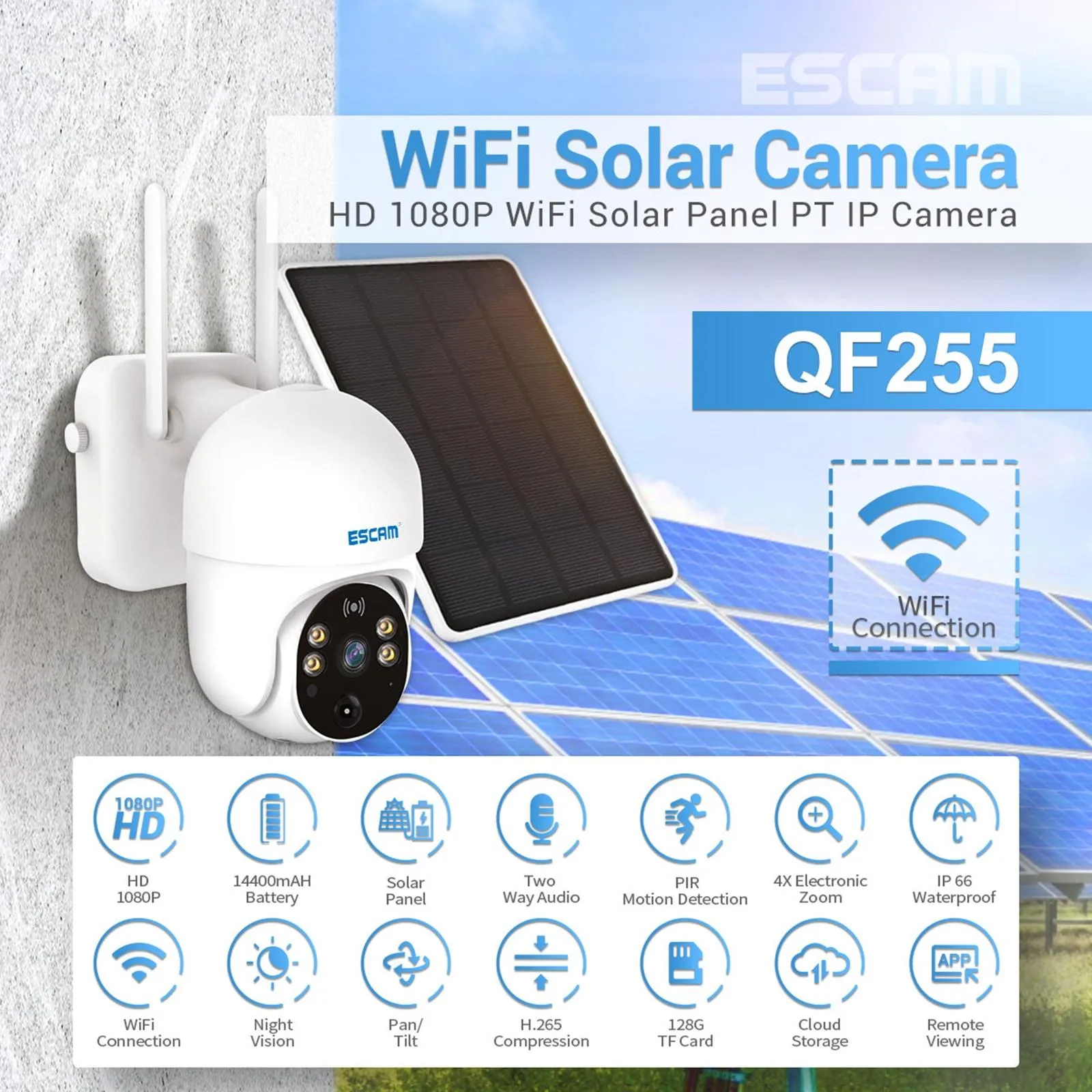 1080P Hd Solar Camera With Wifi Two-Way Voice Motion Detection Night Vision & Tf Card Support