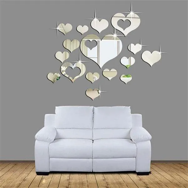 16Pcs Hearts 3D Mirror Self Adhesiive Acrylic Mirror Sticker for wall Decoration Living Room Bedroom Kids Decorative wall Stickers