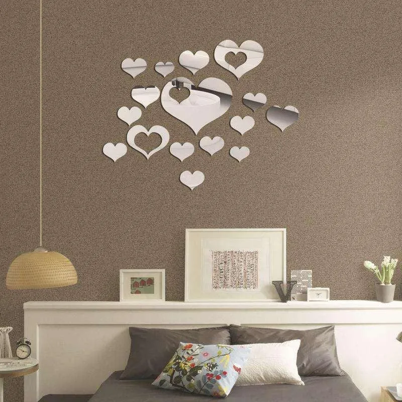 16Pcs Hearts 3D Mirror Self Adhesiive Acrylic Mirror Sticker for wall Decoration Living Room Bedroom Kids Decorative wall Stickers