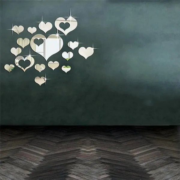 16Pcs Hearts 3D Mirror Self Adhesiive Acrylic Mirror Sticker for wall Decoration Living Room Bedroom Kids Decorative wall Stickers