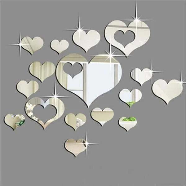 16Pcs Hearts 3D Mirror Self Adhesiive Acrylic Mirror Sticker for wall Decoration Living Room Bedroom Kids Decorative wall Stickers