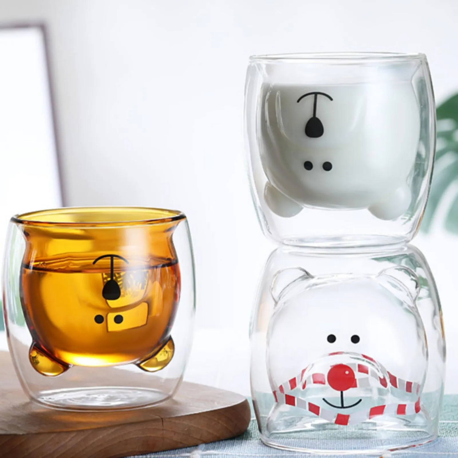 2pcs Cute Bear Mugs Double Wall Insulated Glasses for Juice Coffee Tea Milk - Polar Bear