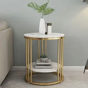 Aaliya Mart End Table Round Coffee Table for Livng Room-Metal Frame Sofa Side Table with MDF Top Golden and White
