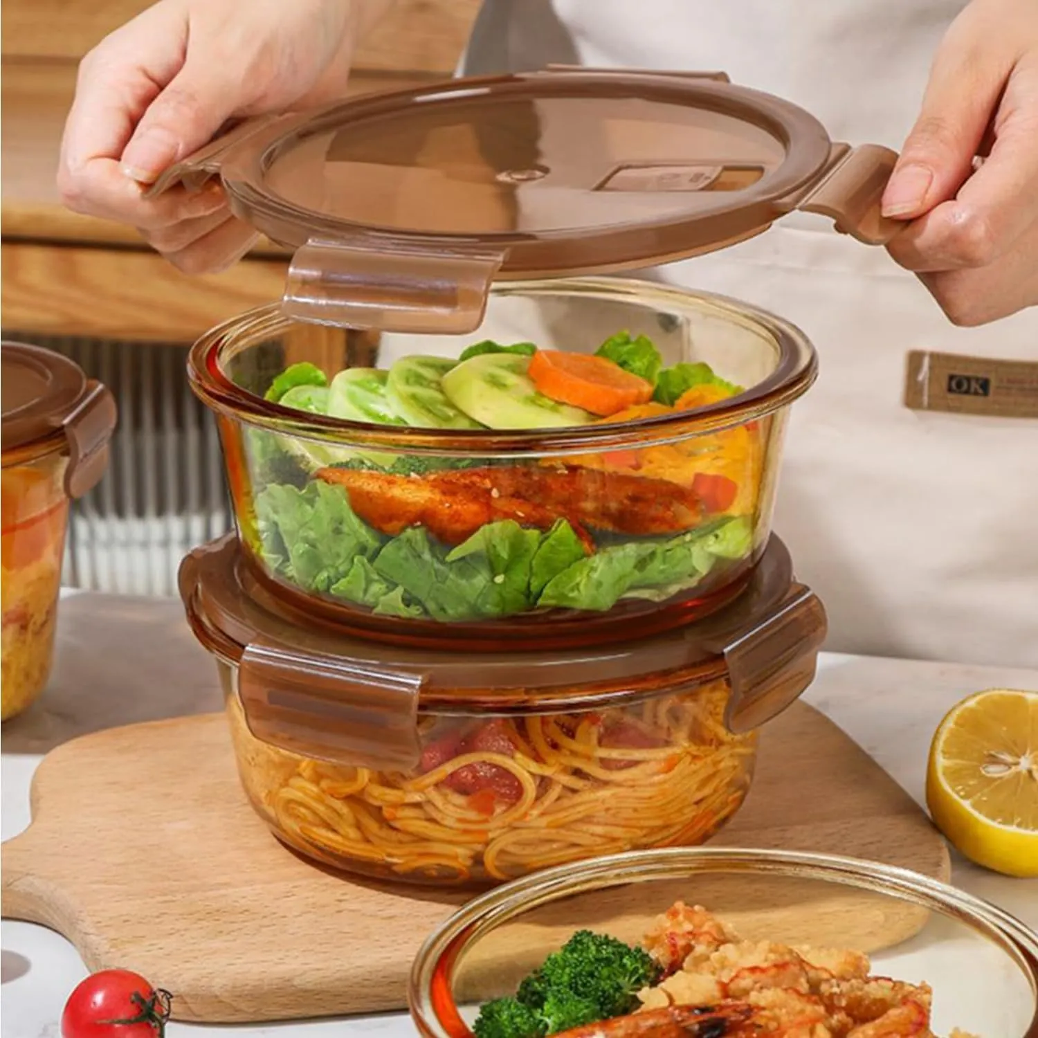 Homestic Borosilicate Glass Container With PP Lid-Round|JDA026-AMB|Light Orange|580 ML|Pack Of 3