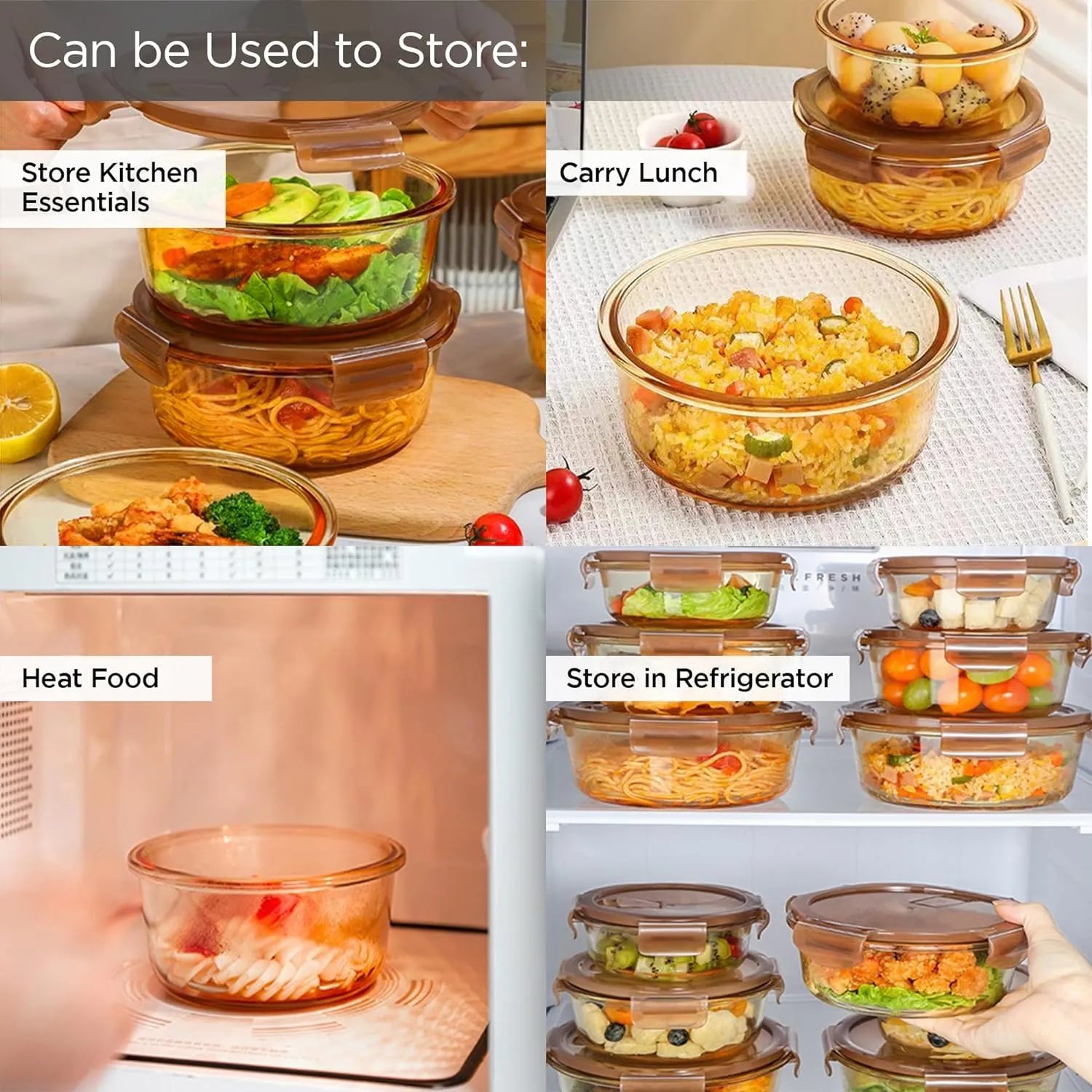 Homestic Borosilicate Glass Container With PP Lid-Round|JDA026-AMB|Light Orange|580 ML|Pack Of 3