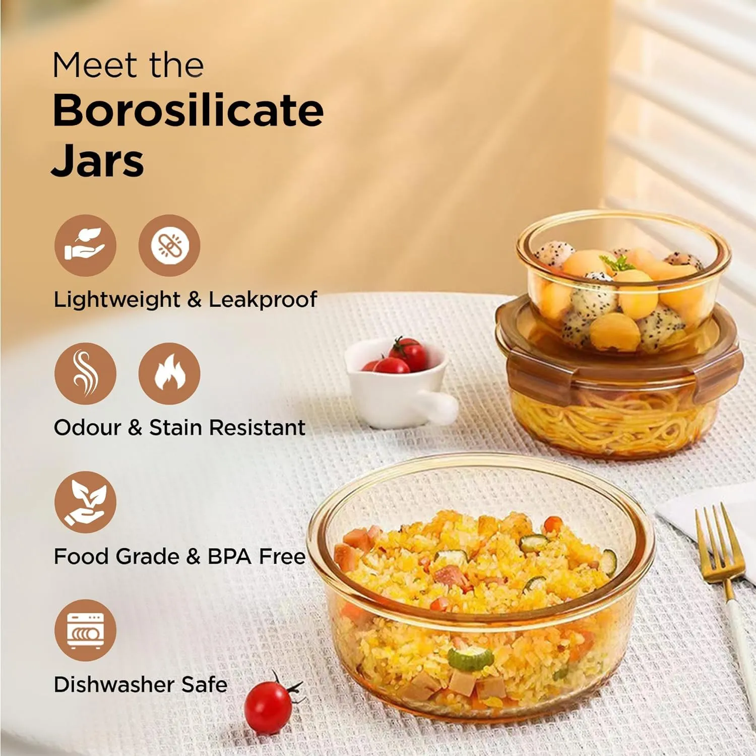 Homestic Borosilicate Glass Container With PP Lid-Round|JDA026-AMB|Light Orange|580 ML|Pack Of 3