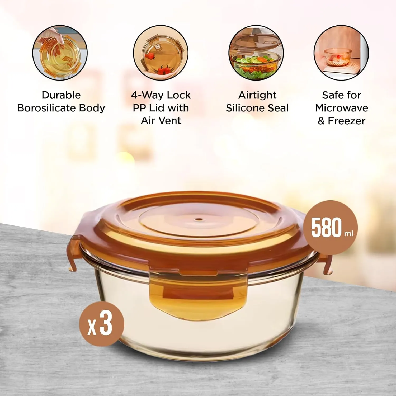Homestic Borosilicate Glass Container With PP Lid-Round|JDA026-AMB|Light Orange|580 ML|Pack Of 3
