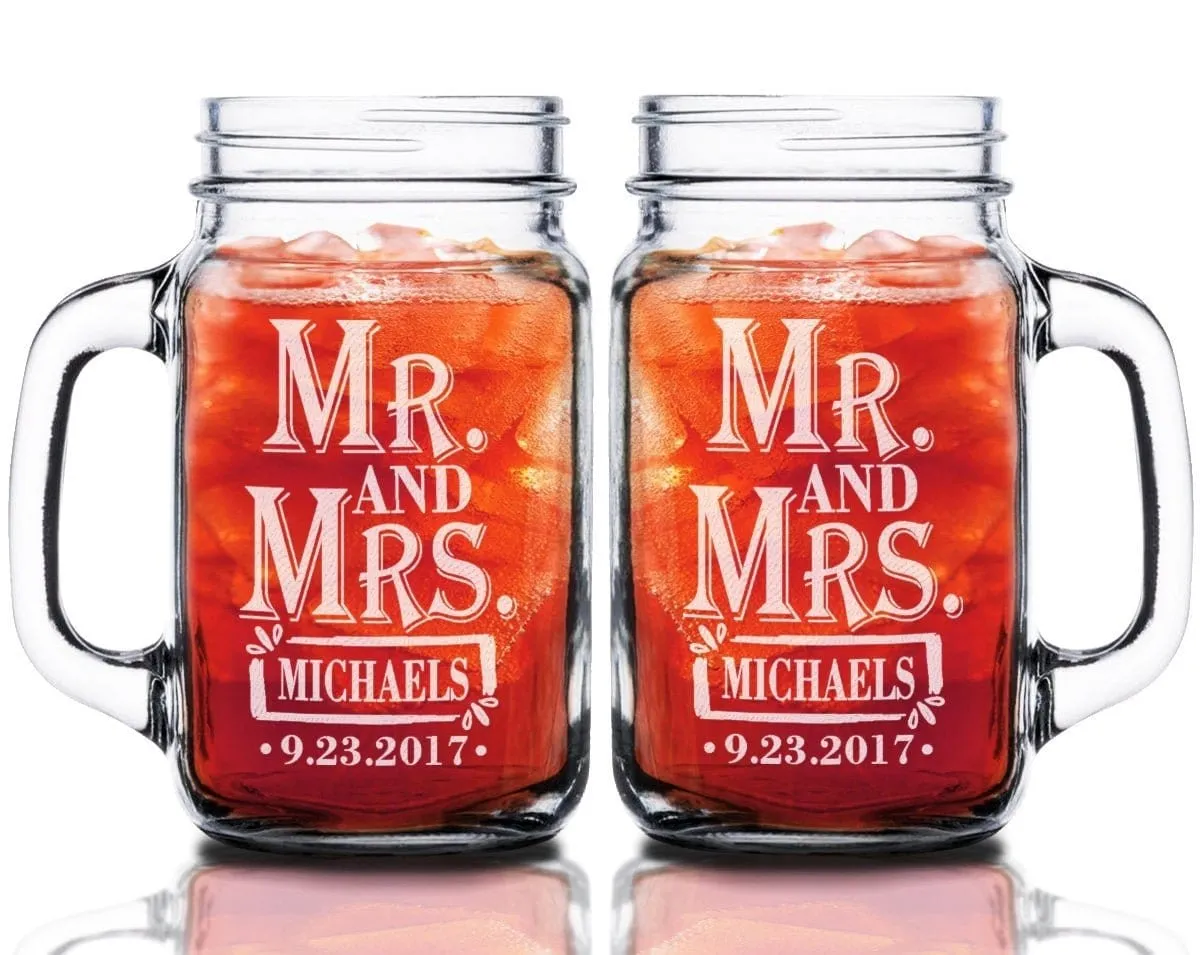 Retro Mr Mrs Laser Engraved Personalized 16oz Set of 2 Mugs for Newlyweds Celebration Toasting Glasses for Bride Groom Future Mr. Mrs. Gift