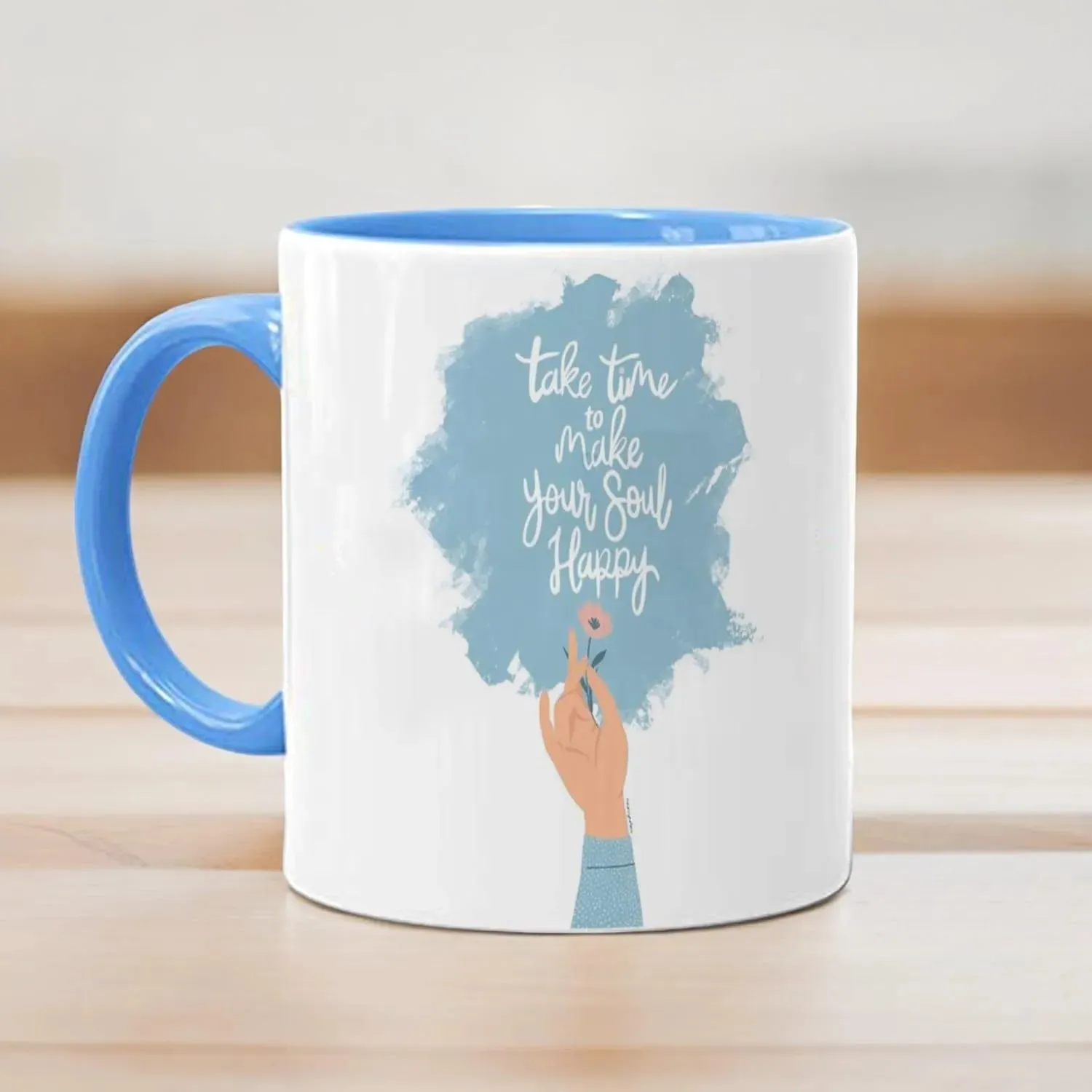 Take Time To Make Your Soul Happy Quote Printed Mug inner Blue | Motivational Quotes Printed Coffee Mug